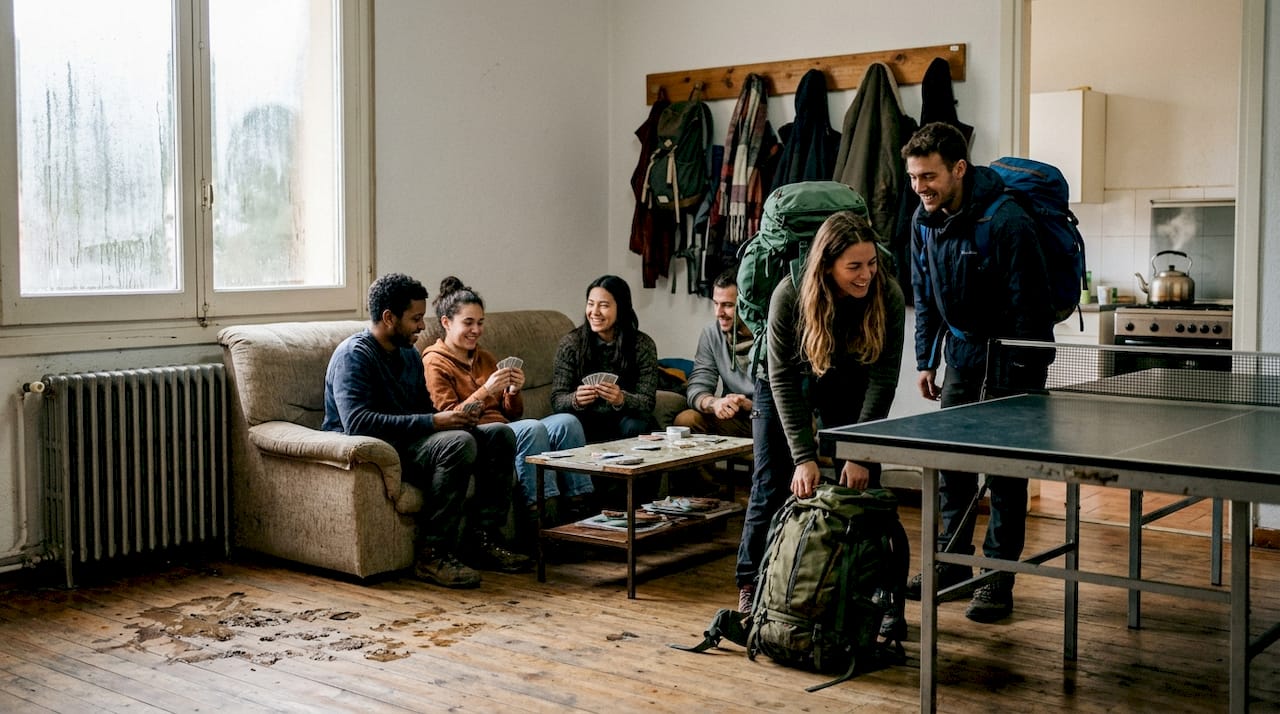 Ambiente animado en la sala común del hostel, donde los viajeros comparten experiencias y hacen nuevas amistades.