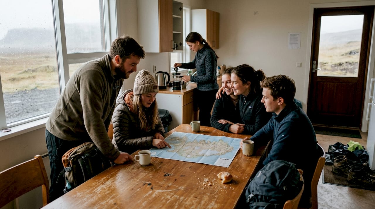 Un grupo de amigos organiza sus planes en un albergue de Islandia