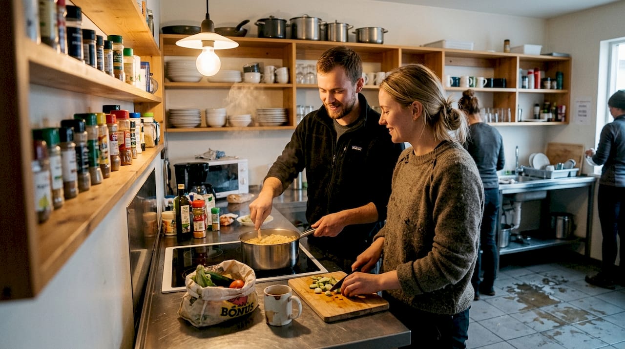 Un couple prépare un repas ensemble dans la cuisine d'une auberge de jeunesse.