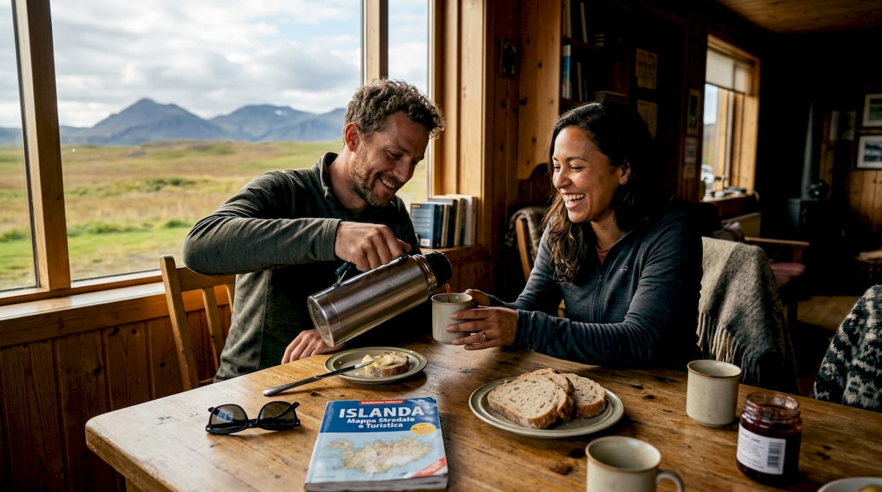 Viaggiatori che si scambiano storie e consigli intorno al tavolo della colazione in una guesthouse