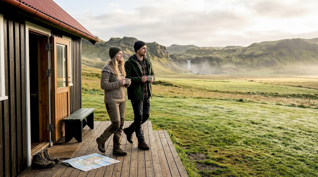 Coppia che si gode una mattina rilassante in un caratteristico cottage immerso nella campagna islandese