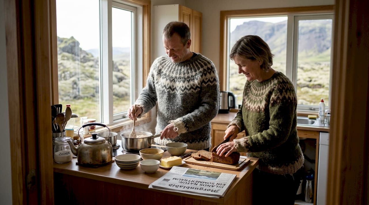 Morgendliche Stimmung in der Gemeinschaftsküche eines isländischen Gästehauses – der Duft von frisch gebrühtem Kaffee, leises Klappern von Geschirr und das entspannte Plaudern von Reisenden, die sich auf einen neuen Tag in der faszinierenden Natur Islands freuen.