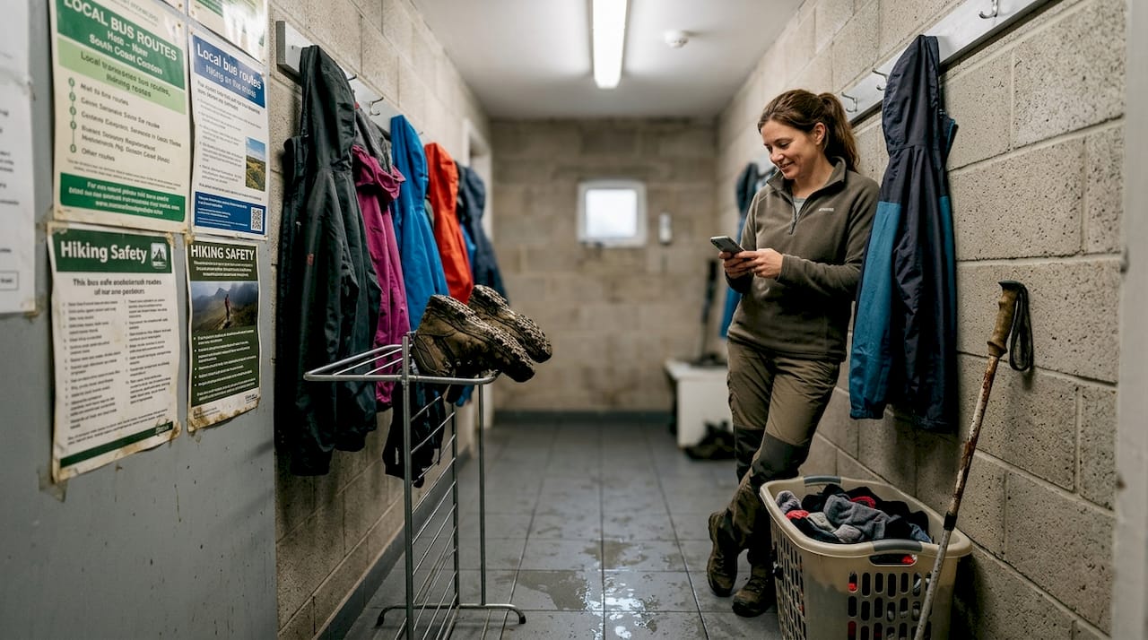 Traveler using drying room in Iceland hostel