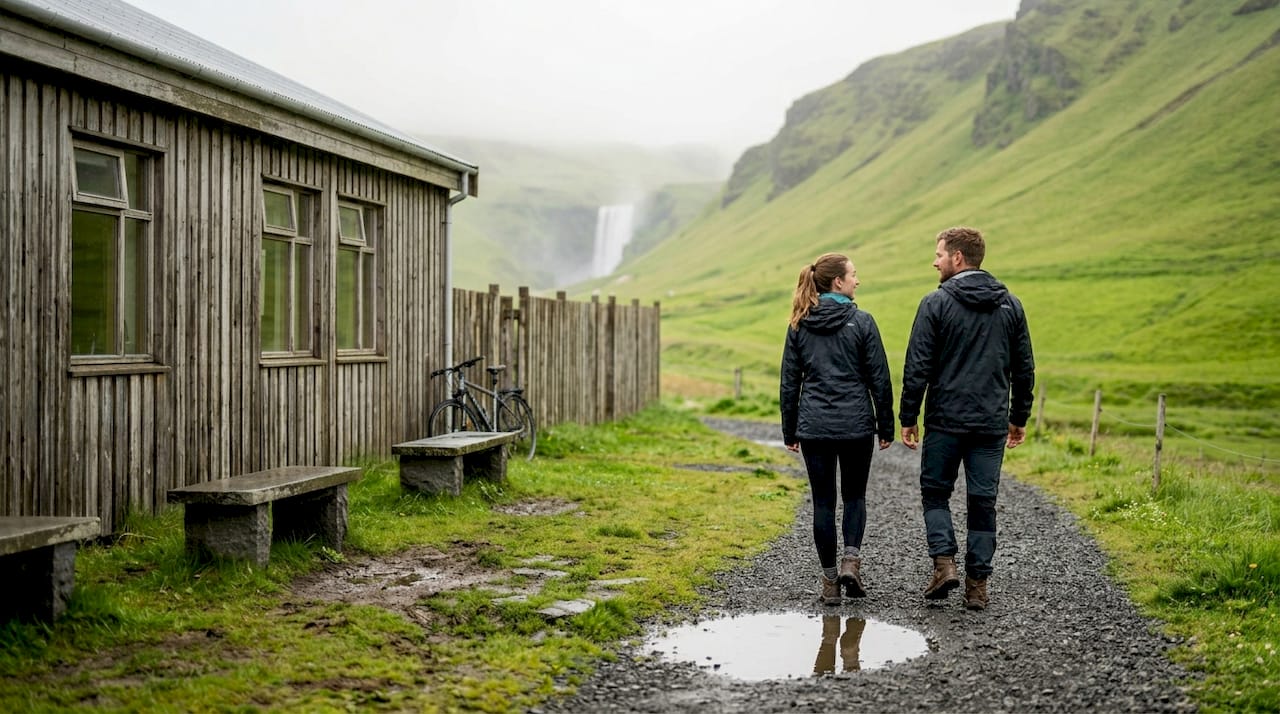 Travelers near Iceland hostel with distant waterfall