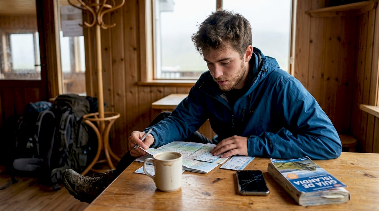 Joven mochilero revisando un mapa en la sala común del hostel