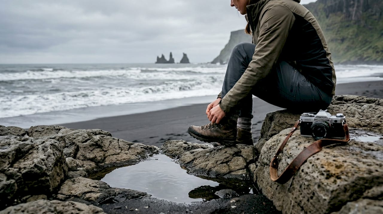 Una viajera se alista para su aventura frente a la playa de Vík