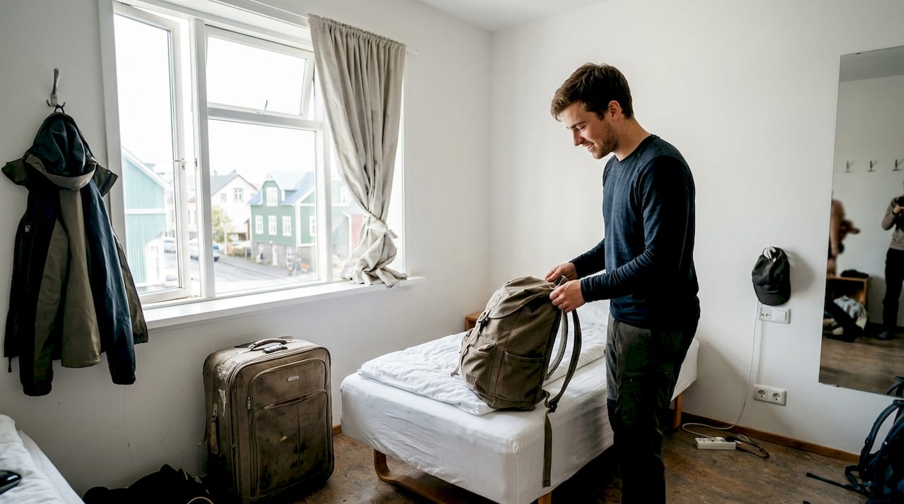 Un voyageur pose son sac à dos dans un dortoir en Islande, prêt à vivre de nouvelles aventures.