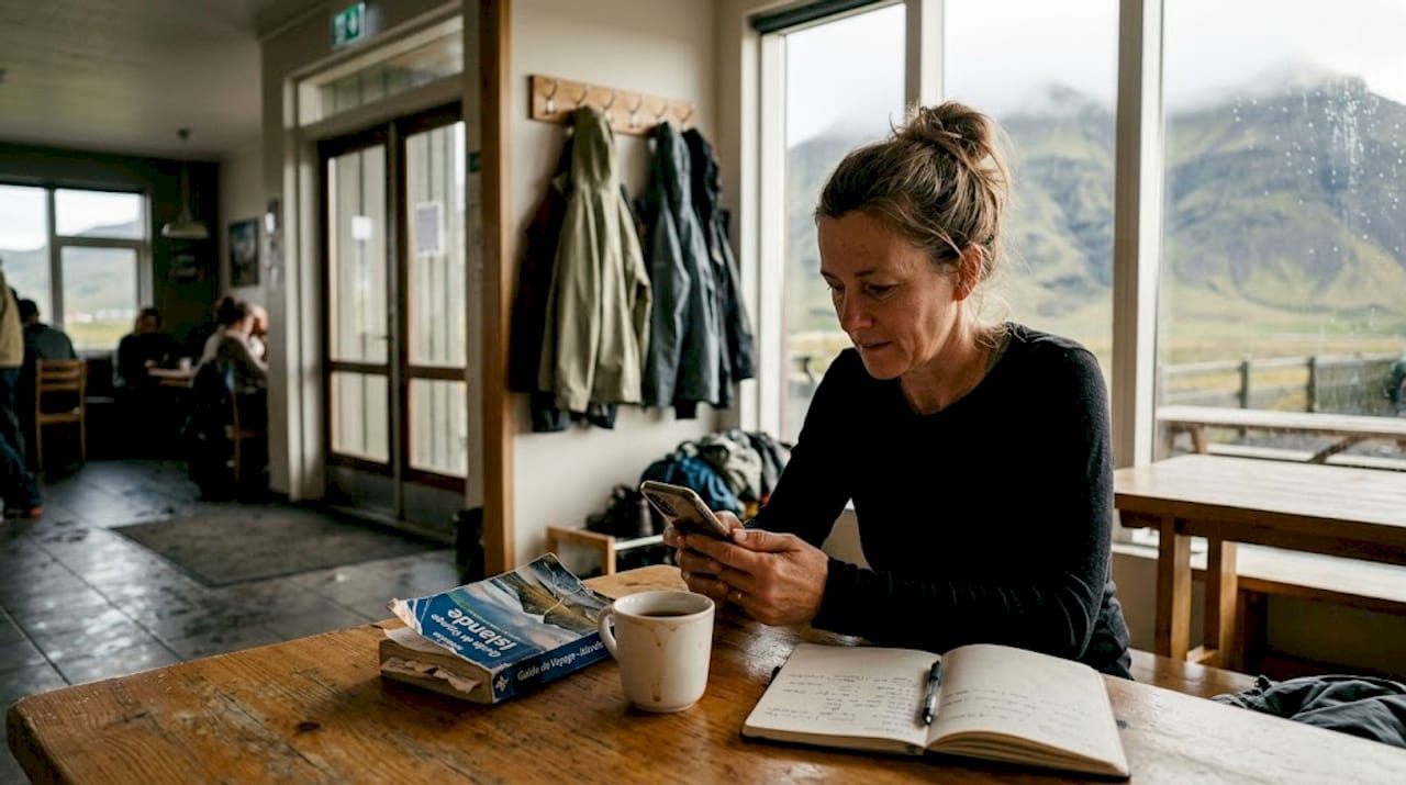 Dans la salle commune d’une auberge de jeunesse en Islande, une voyageuse prend le temps de se renseigner sur les activités et les bons plans du coin.