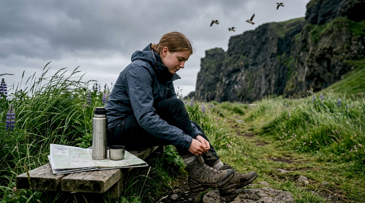 Ein Wanderer macht sich startklar für sein Abenteuer auf dem Vík-Trail.