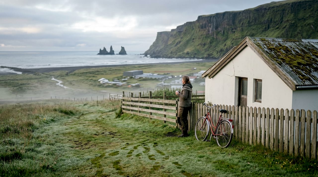 Ein Dorfbewohner genießt am frühen Morgen den Blick auf die Küste von Vík.