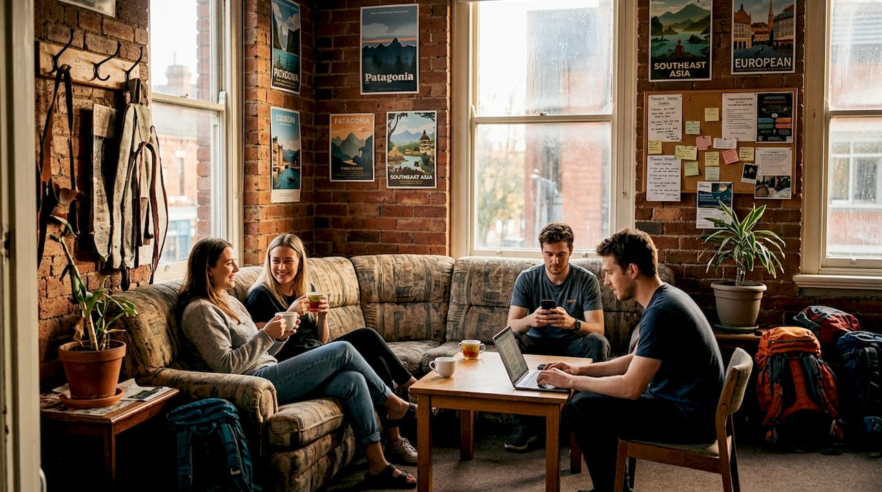 Modern hostel common area with guests relaxing