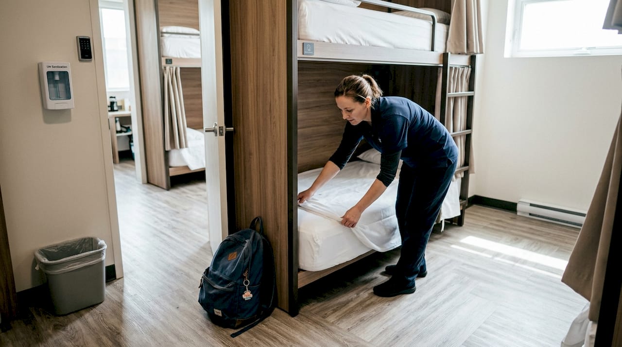 Hostel pod bunks and hygiene features