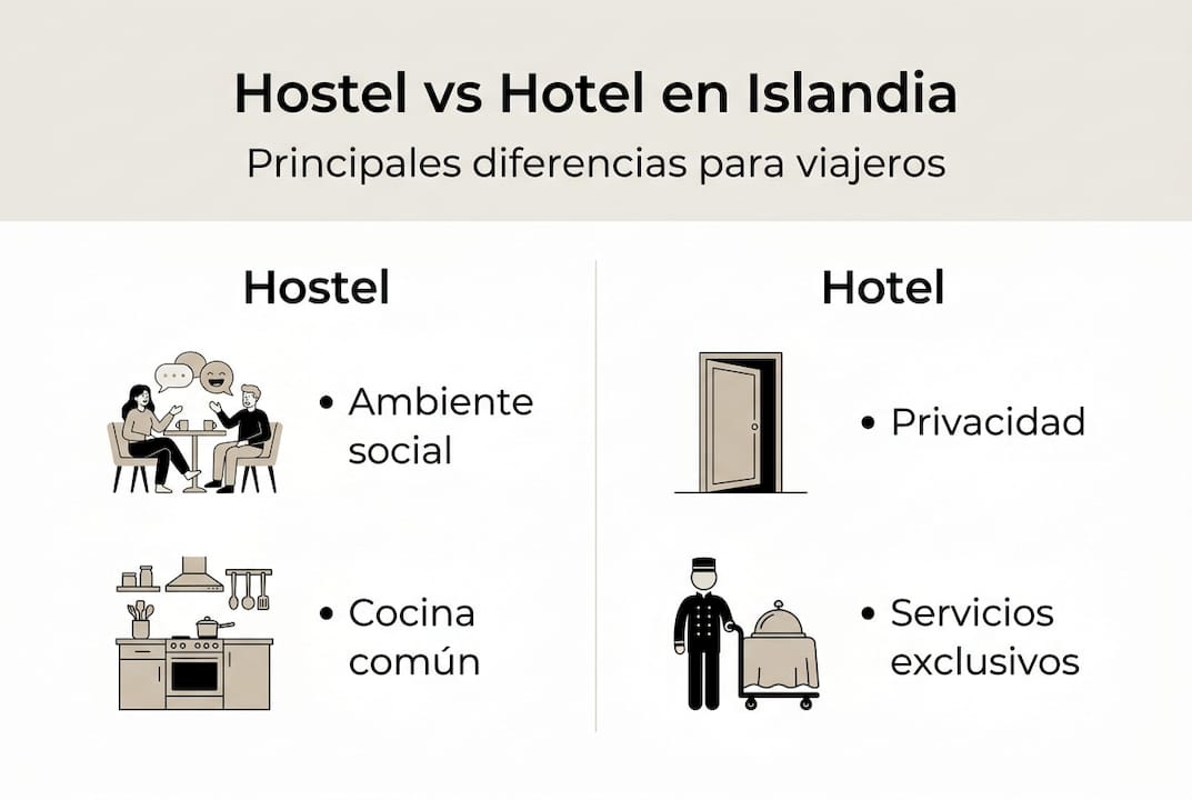 Infografía: diferencias clave entre hostales y hoteles en Islandia