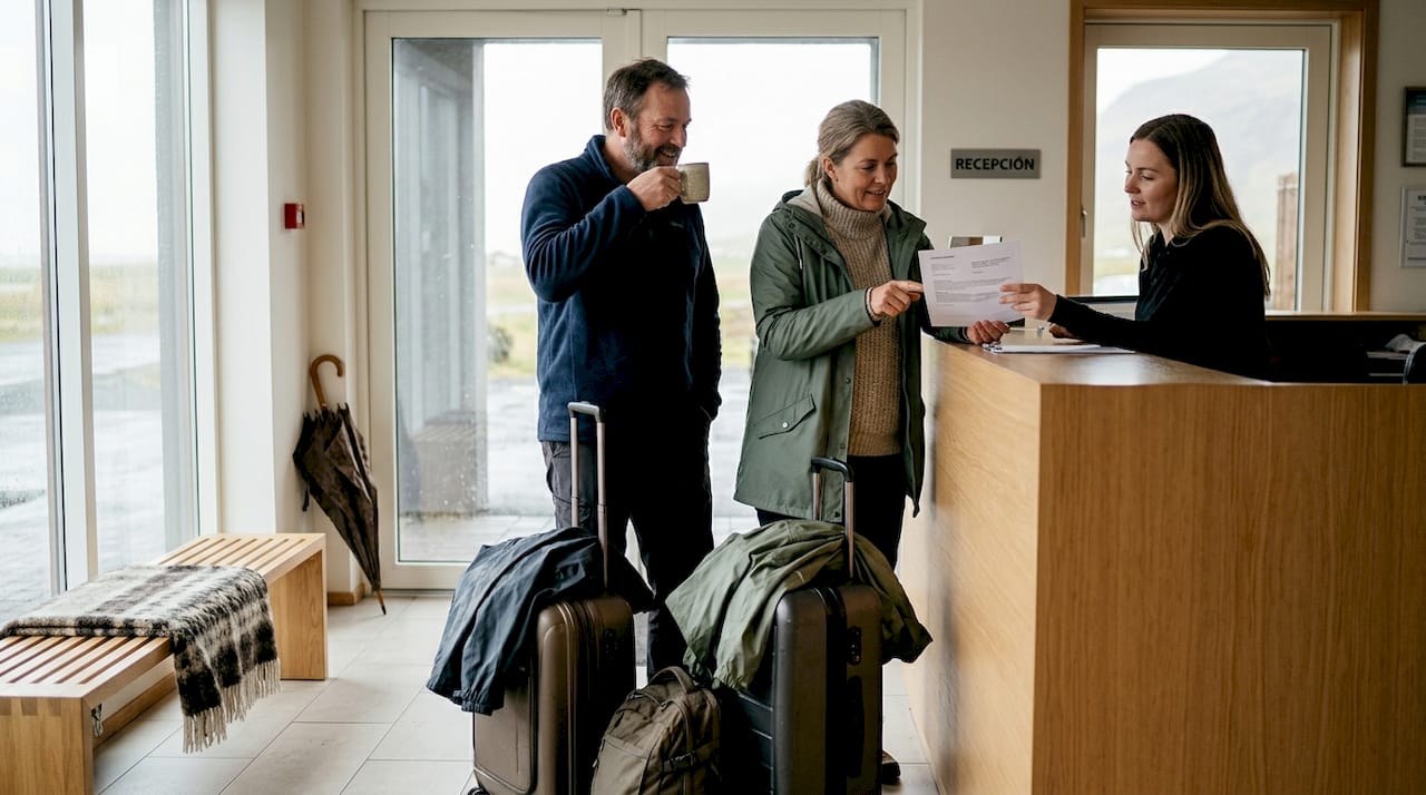 Una pareja hace el check-in en la recepción de un hotel en Islandia