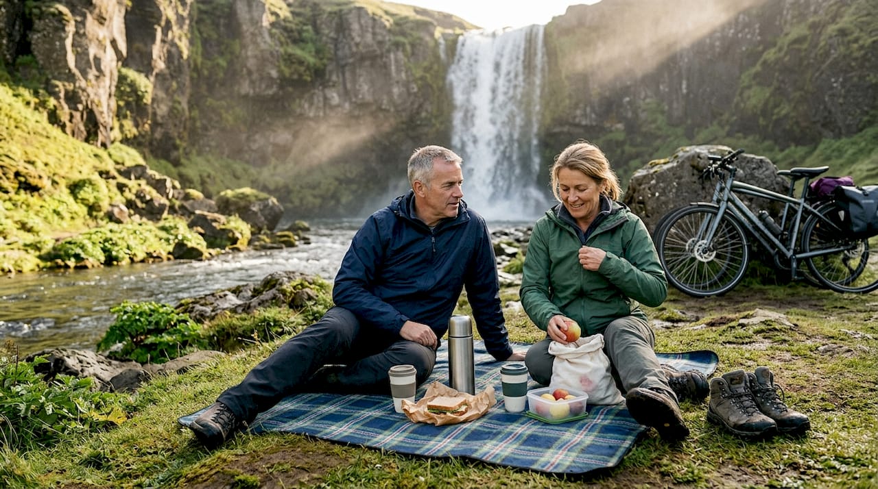 Una coppia si gode un picnic immersa nella natura, proprio ai piedi della cascata Stjornarfoss.