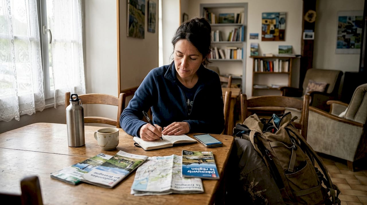 Un voyageur installé dans le salon d’une maison d’hôtes, en train de préparer son itinéraire.
