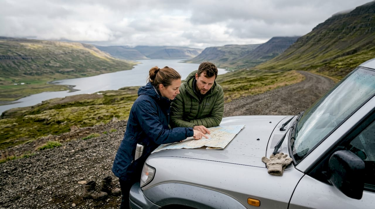 Un couple consulte une carte au bord d’un fjord, à côté de leur 4x4.