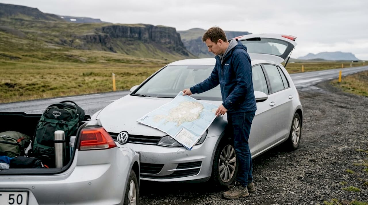Ein Reisender plant seine Route entlang der isländischen Ringstraße.