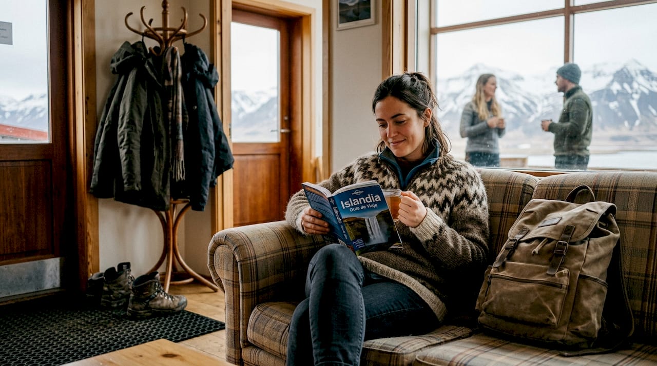 Zona común de un hostel en Islandia, donde los viajeros descansan y disfrutan de un ambiente tranquilo.