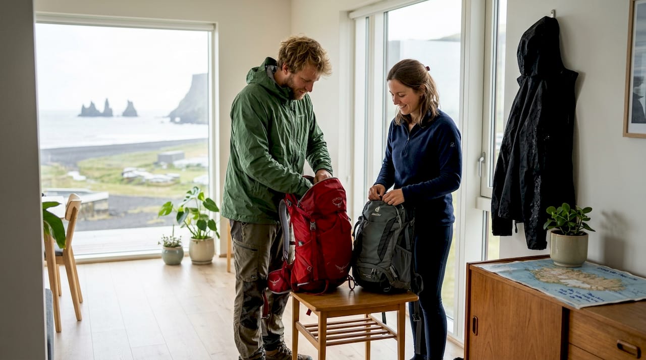 Un couple organise son prochain séjour dans un appartement à Vík