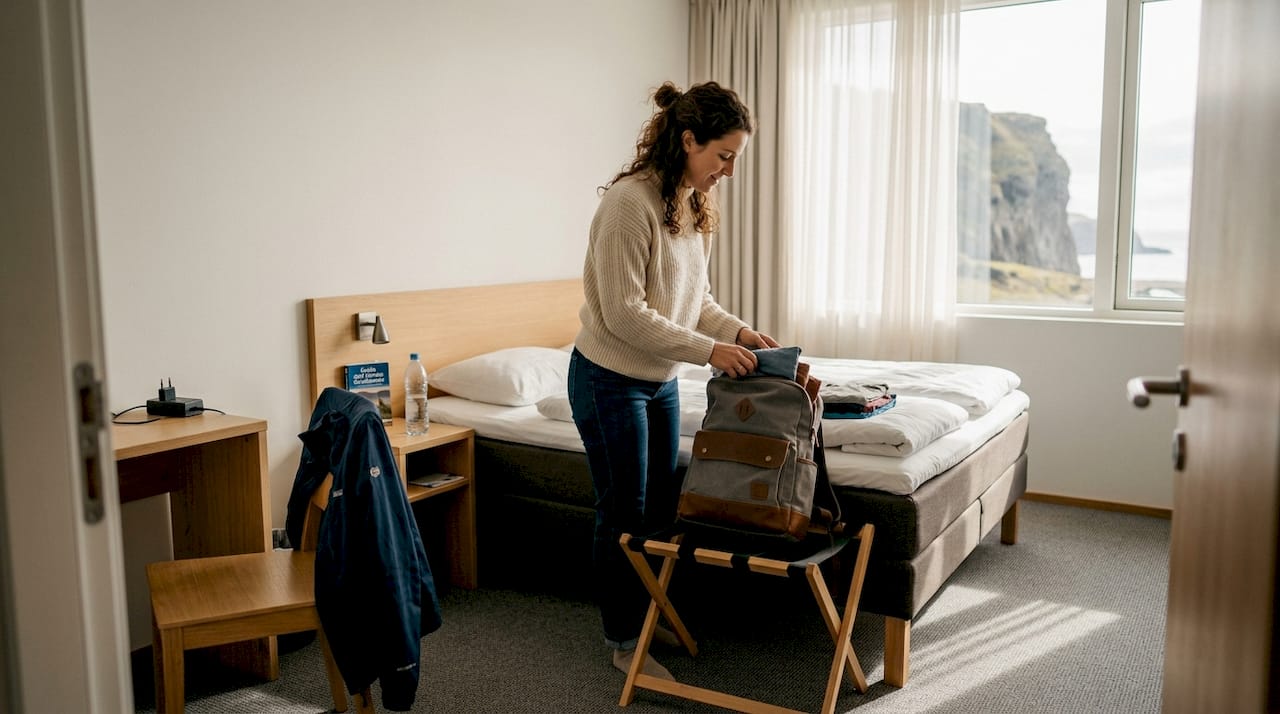 Un viaggiatore sistema le sue valigie nella sua camera d’albergo moderna a Vík.