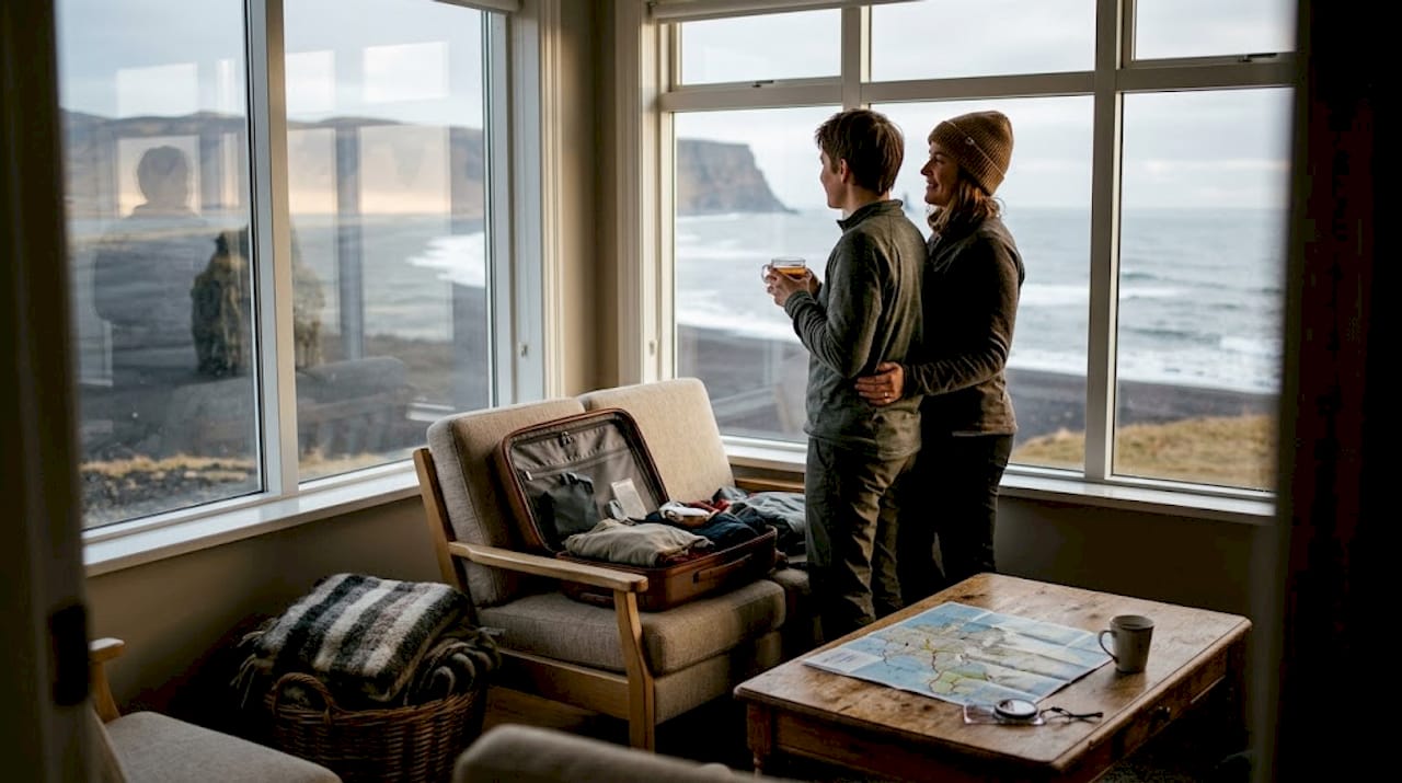 Viaggiatori che soggiornano in una guesthouse a Vík si godono la vista mozzafiato sul paesaggio islandese.