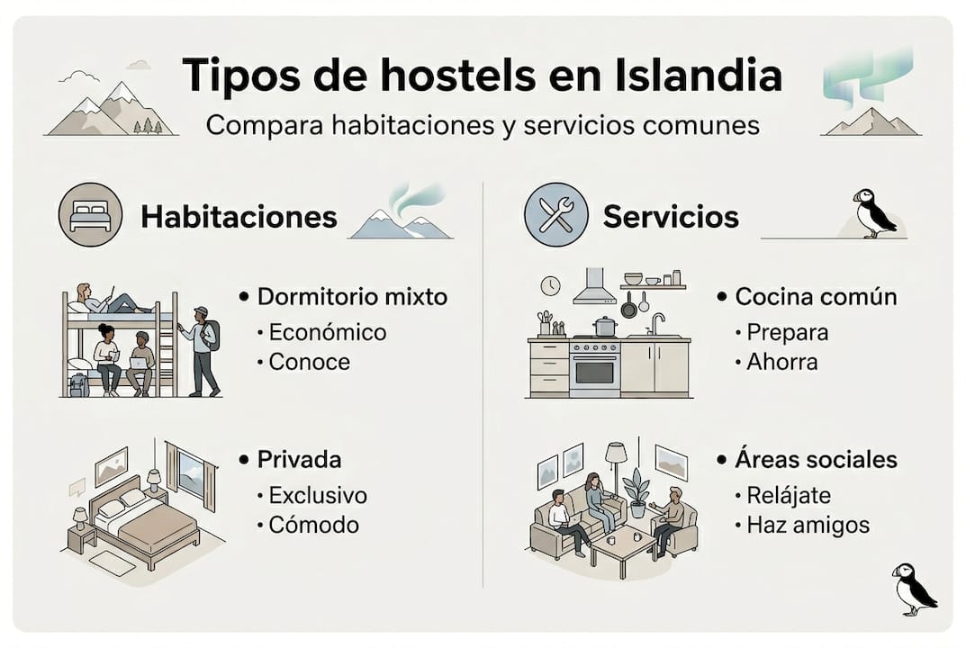 Guía visual sobre los diferentes tipos de hostales y los servicios que suelen ofrecer