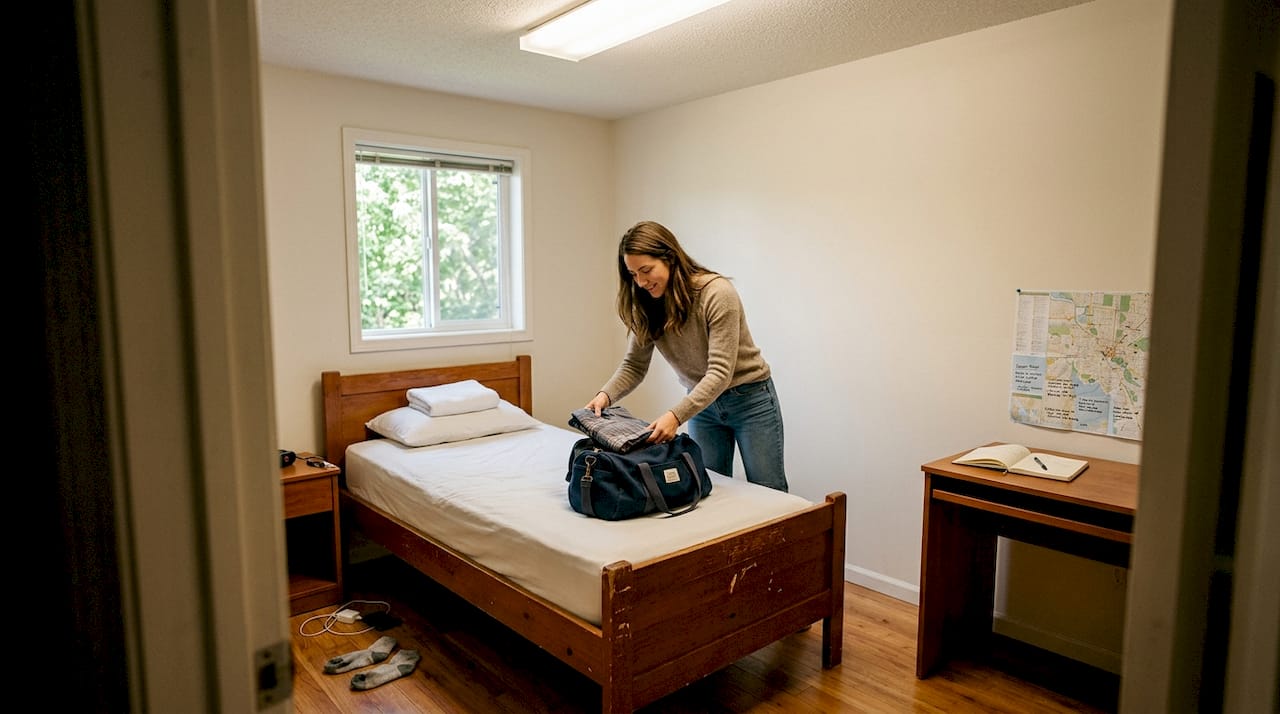 Traveler settling into simple hostel private room