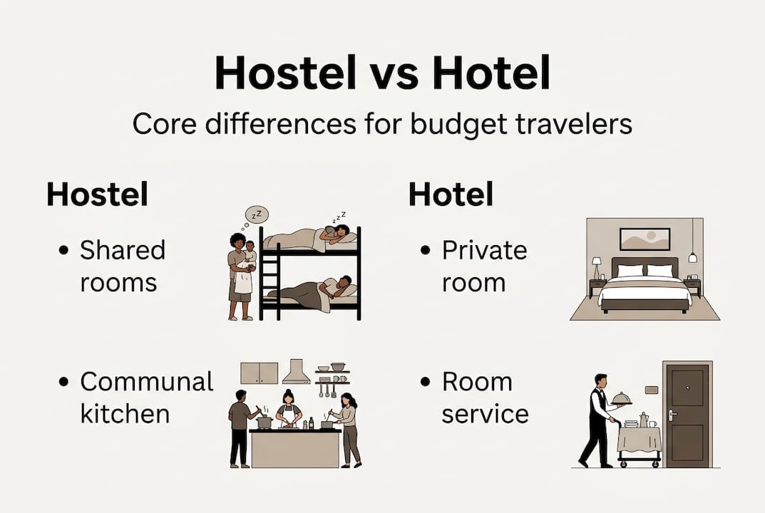 Infographic comparing hostel and hotel features