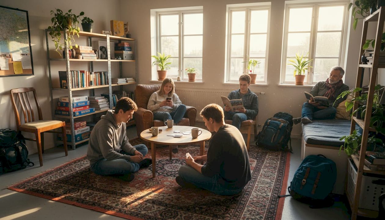 Travelers relaxing in bright hostel common room