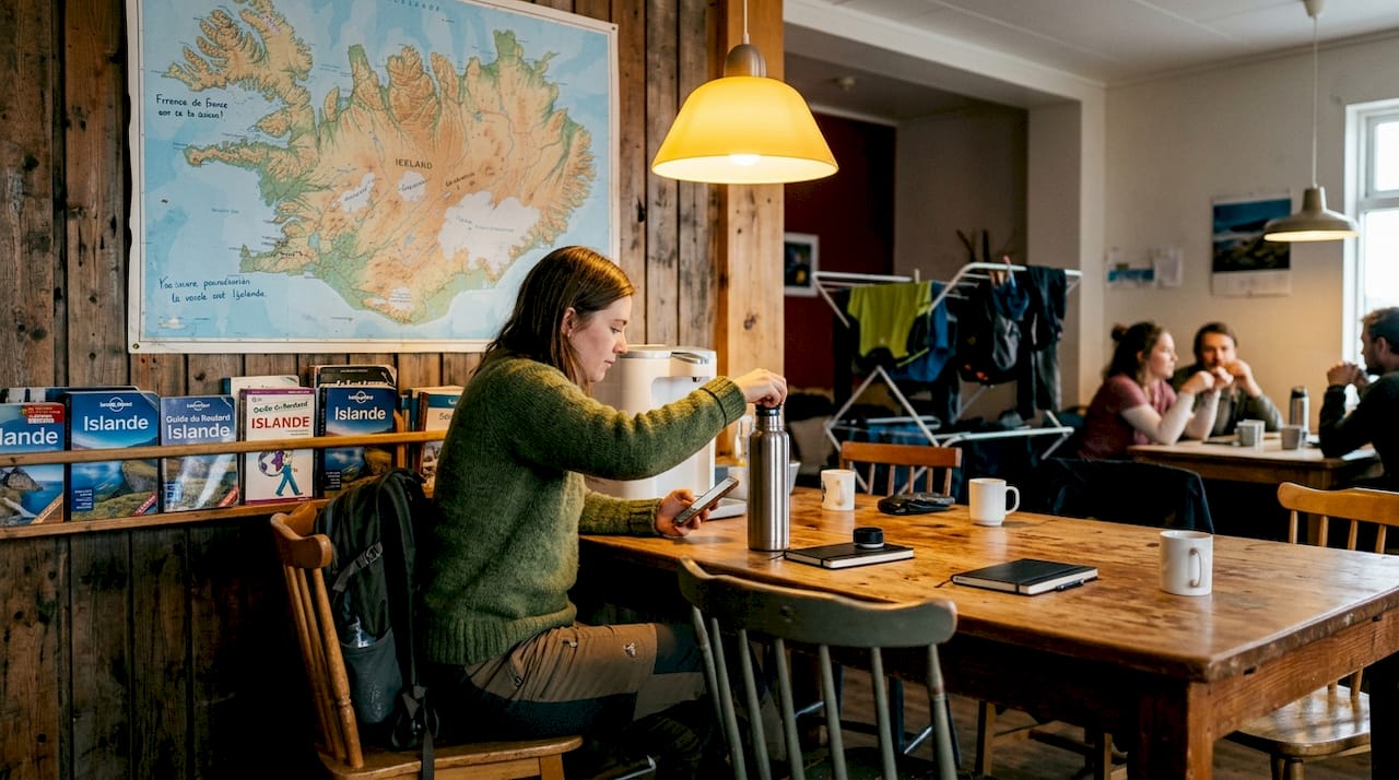 Routard installé dans la salle commune d'une auberge en Islande