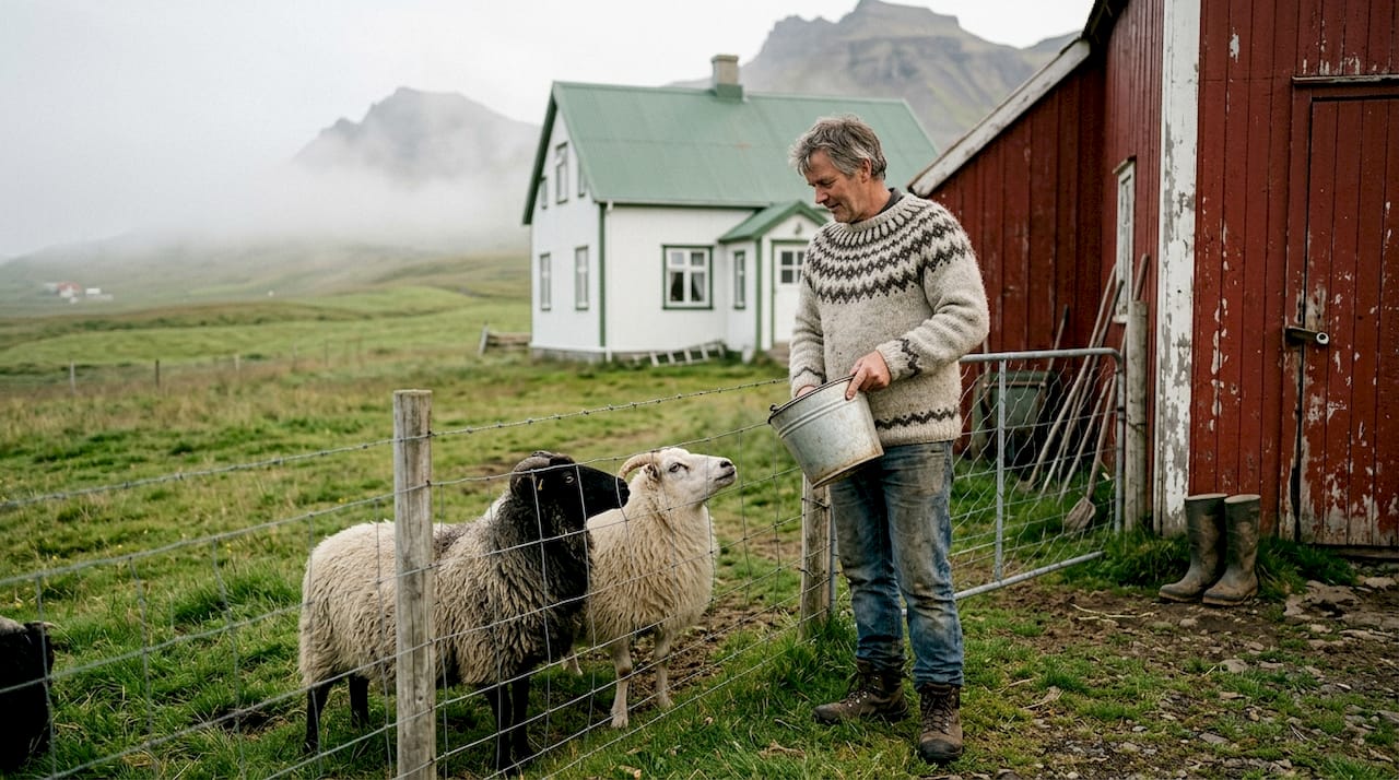 Un éleveur de moutons devant sa ferme typique en Islande