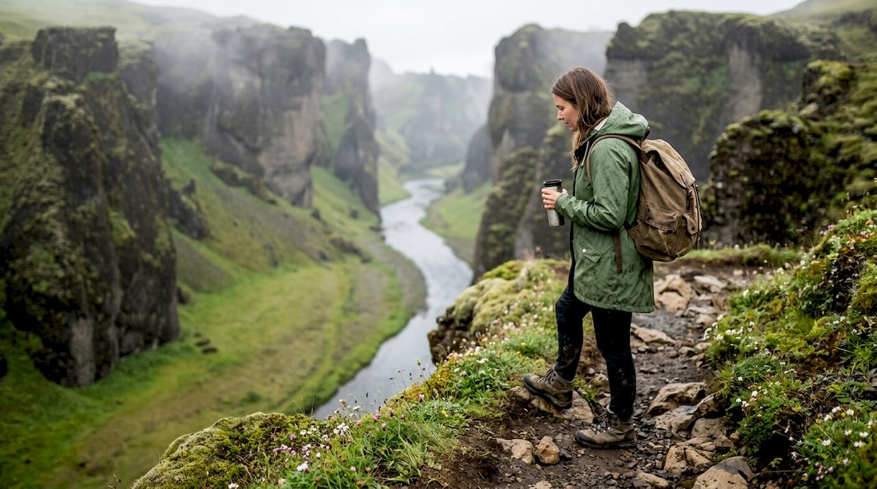 Un escursionista si ferma per ammirare il paesaggio lungo il sentiero che costeggia il canyon di Fjaðrárgljúfur.