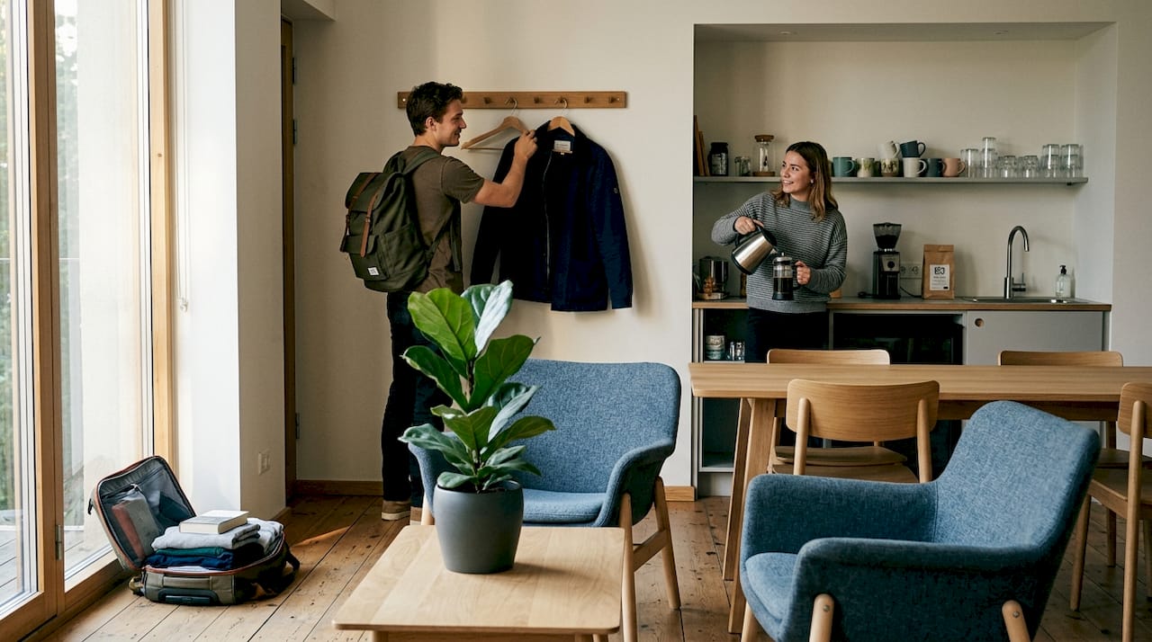 Chicos compartiendo y disfrutando de las zonas comunes en un hostel