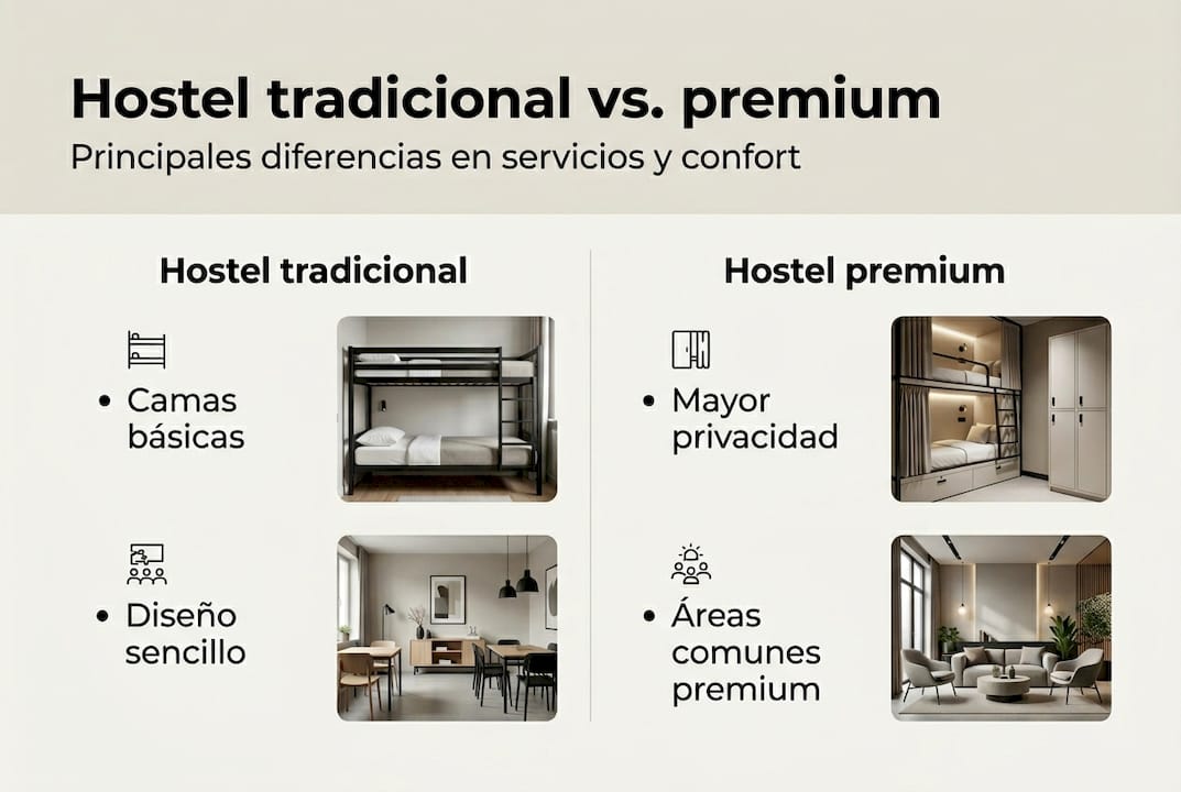 Comparativa visual: diferencias entre hostales convencionales y hostales premium
