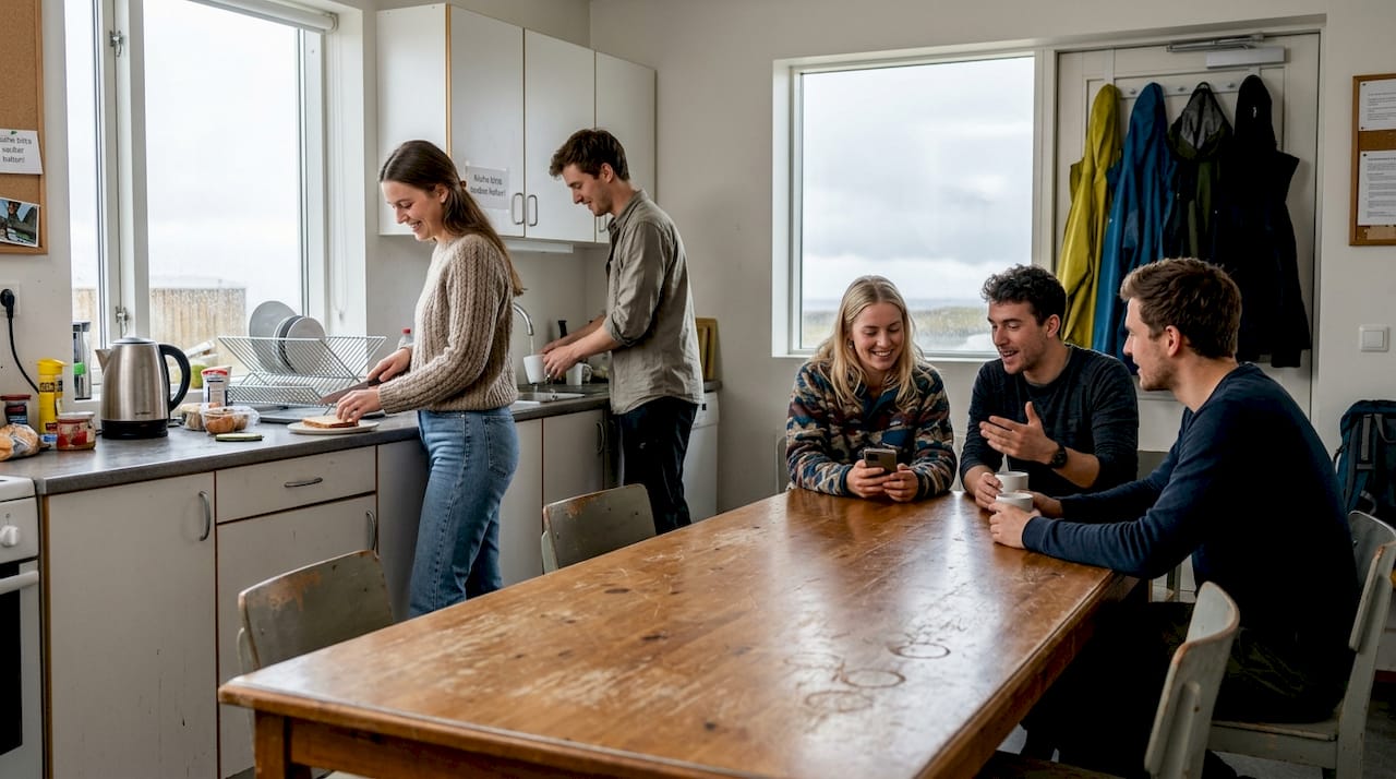 Im Gemeinschaftsraum der Hostel-Küche kamen Reisende zusammen, um in entspannter Atmosphäre miteinander zu plaudern und den Tag ausklingen zu lassen.