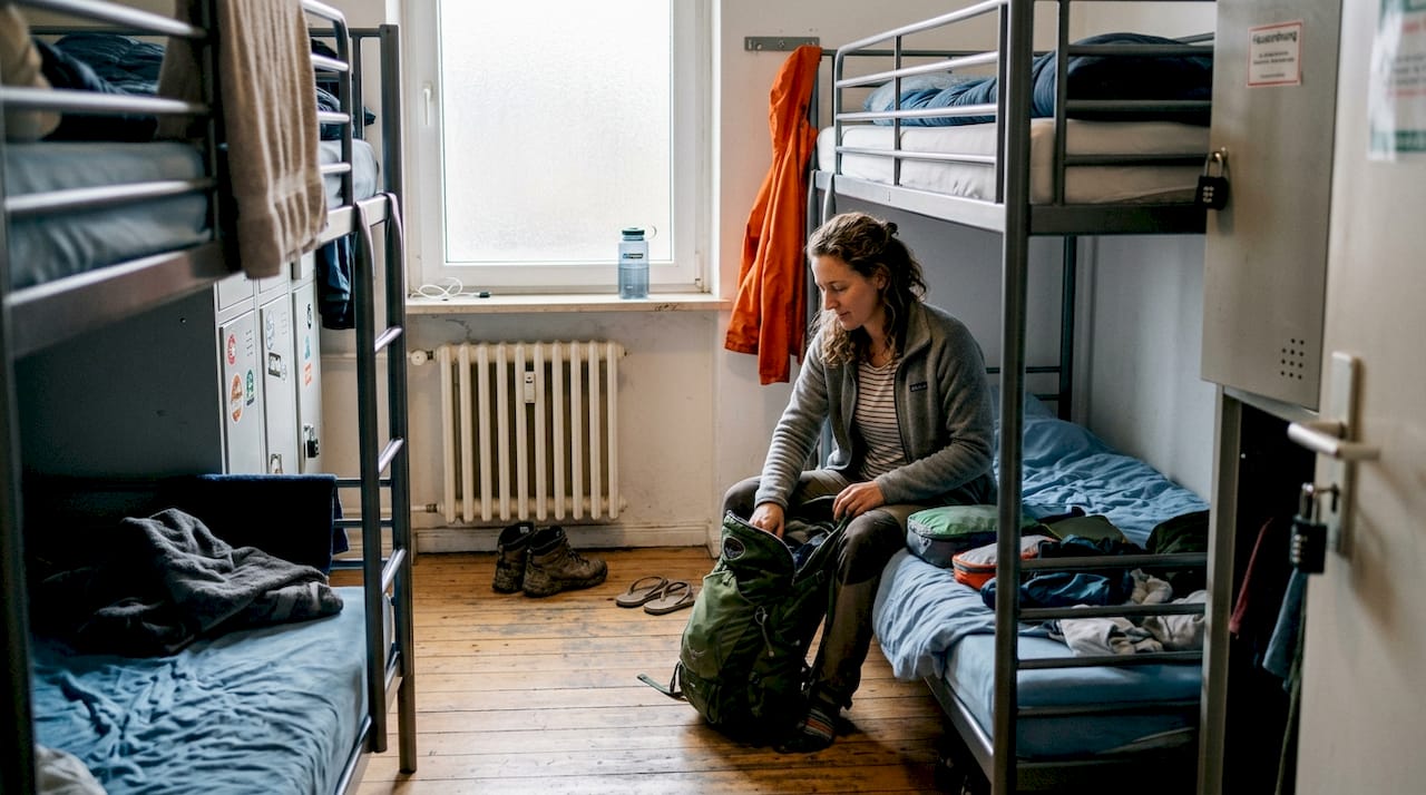 Ein Rucksackreisender richtet sich im Mehrbettzimmer eines Hostels ein.