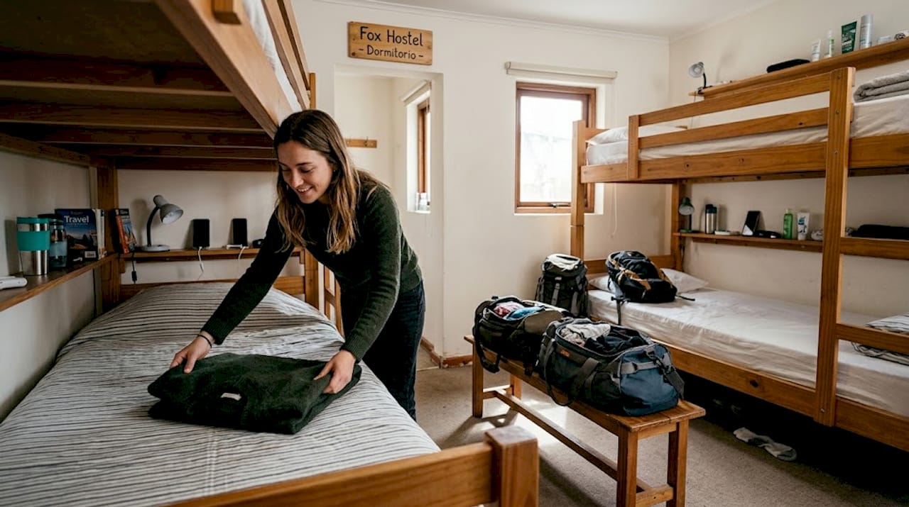 Un ospite dell’ostello sistema i propri vestiti nella camerata, piegandoli con cura dopo averli lavati.