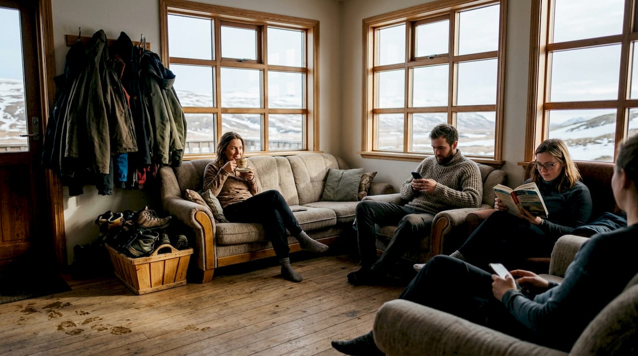 Viajeros descansando en la sala común de un hostal ecológico en Islandia