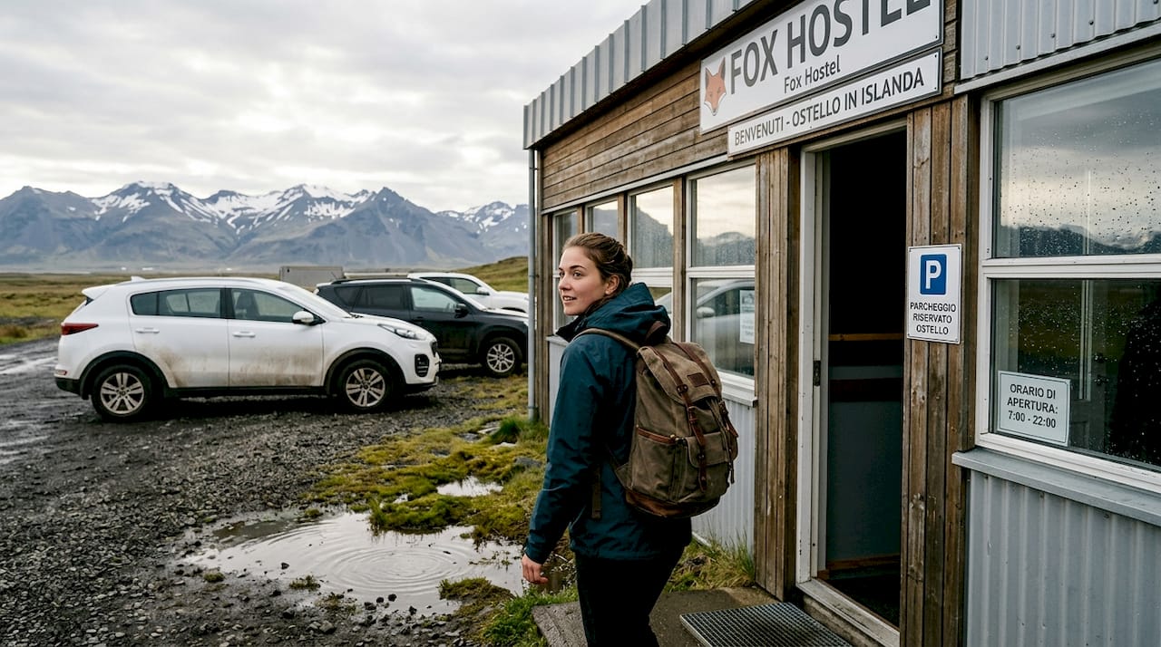 Un viaggiatore lascia il Fox Hostel e si immerge nel paesaggio mozzafiato dell’Islanda.