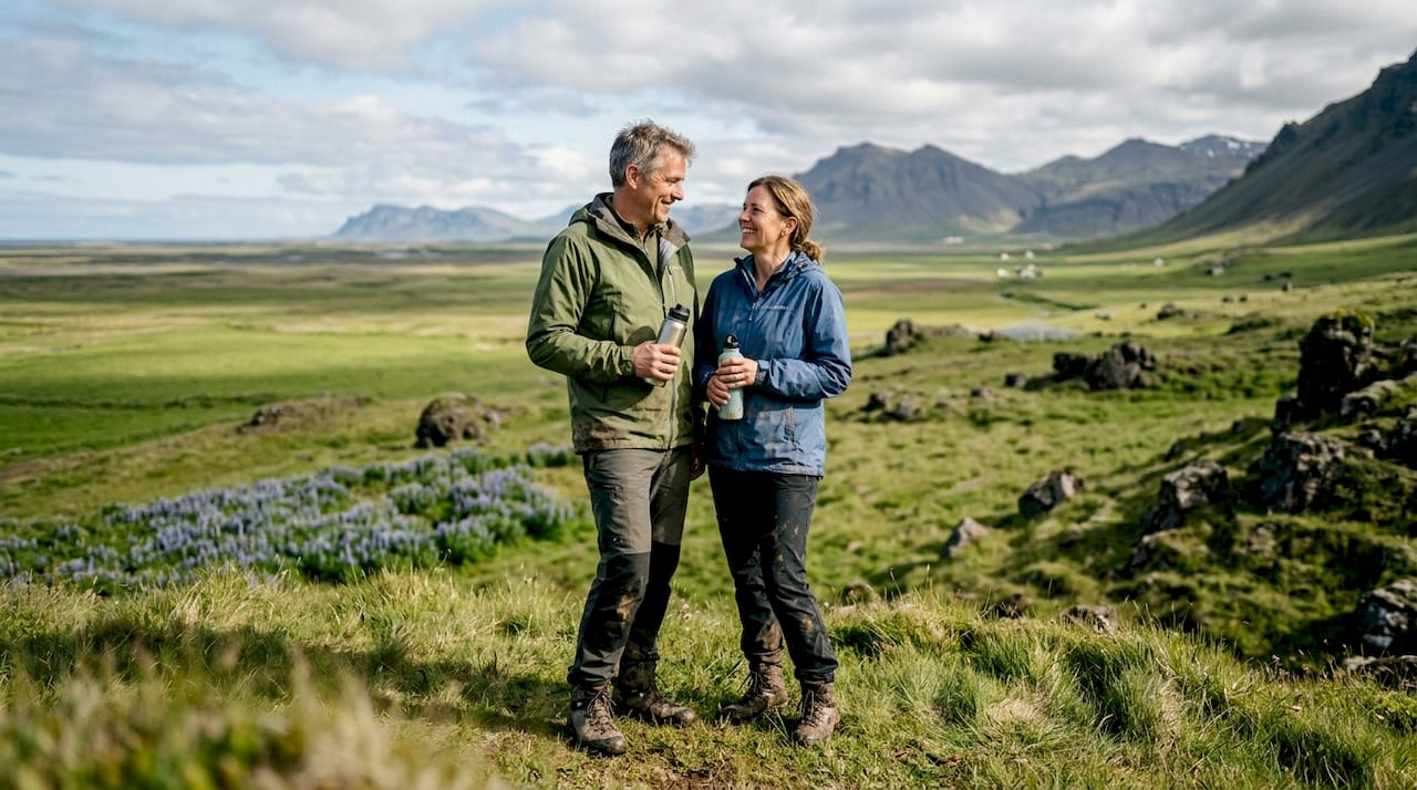 Ein Paar erkundet wandernd das idyllische Hrífunes-Tal in Island.