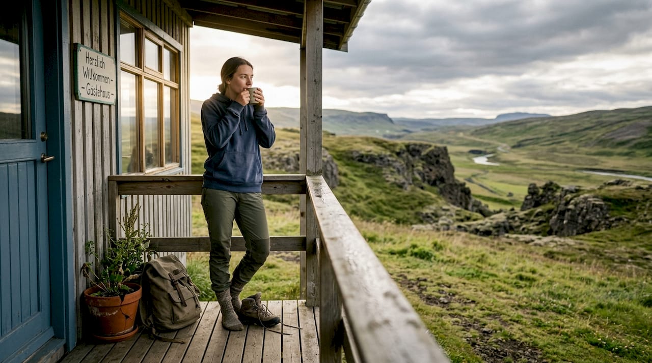 Ein Reisender sitzt auf der Veranda eines Hostels und lässt den Blick über die beeindruckende isländische Landschaft schweifen.