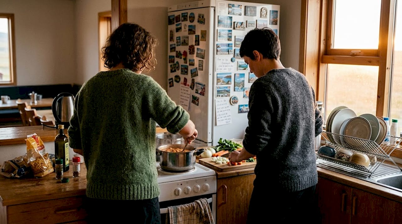 Viajeros de diferentes partes del mundo preparan juntos la cena en la cocina compartida de un hostal en Islandia.
