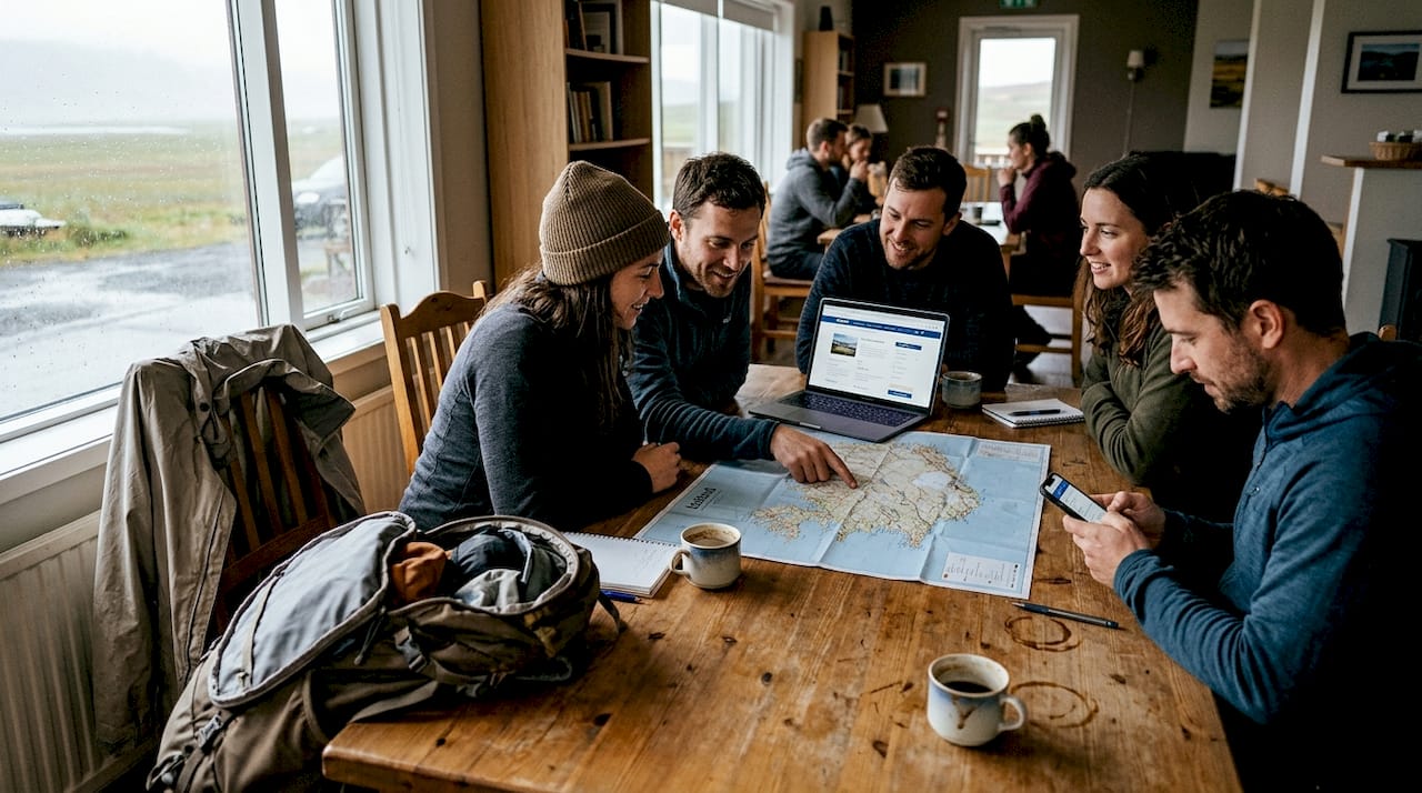 Un groupe de voyageurs planifie son parcours autour d’une table dans une auberge de jeunesse en Islande.