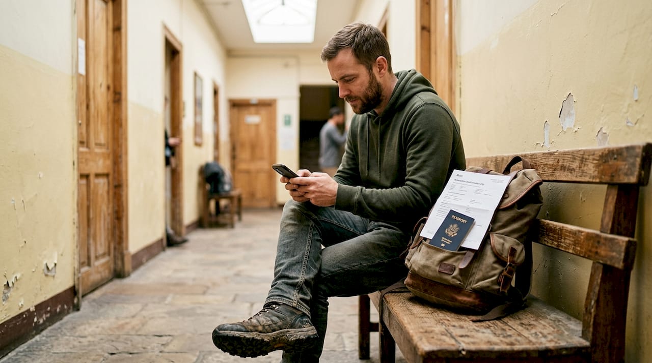 Traveler preparing documents for hostel check-in