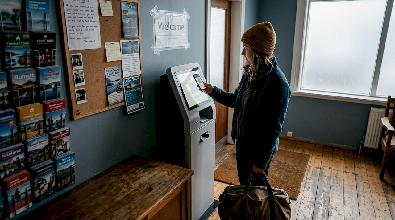 Backpacker using hostel self check-in kiosk in lobby