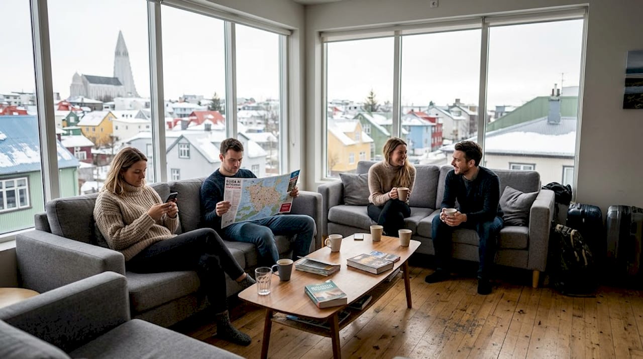 Viaggiatori che si godono un momento di relax nella sala comune di un ostello in Islanda.
