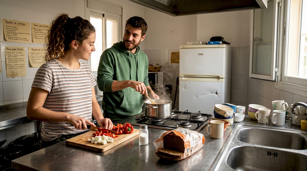 Huéspedes cocinando juntos en la cocina del hostel