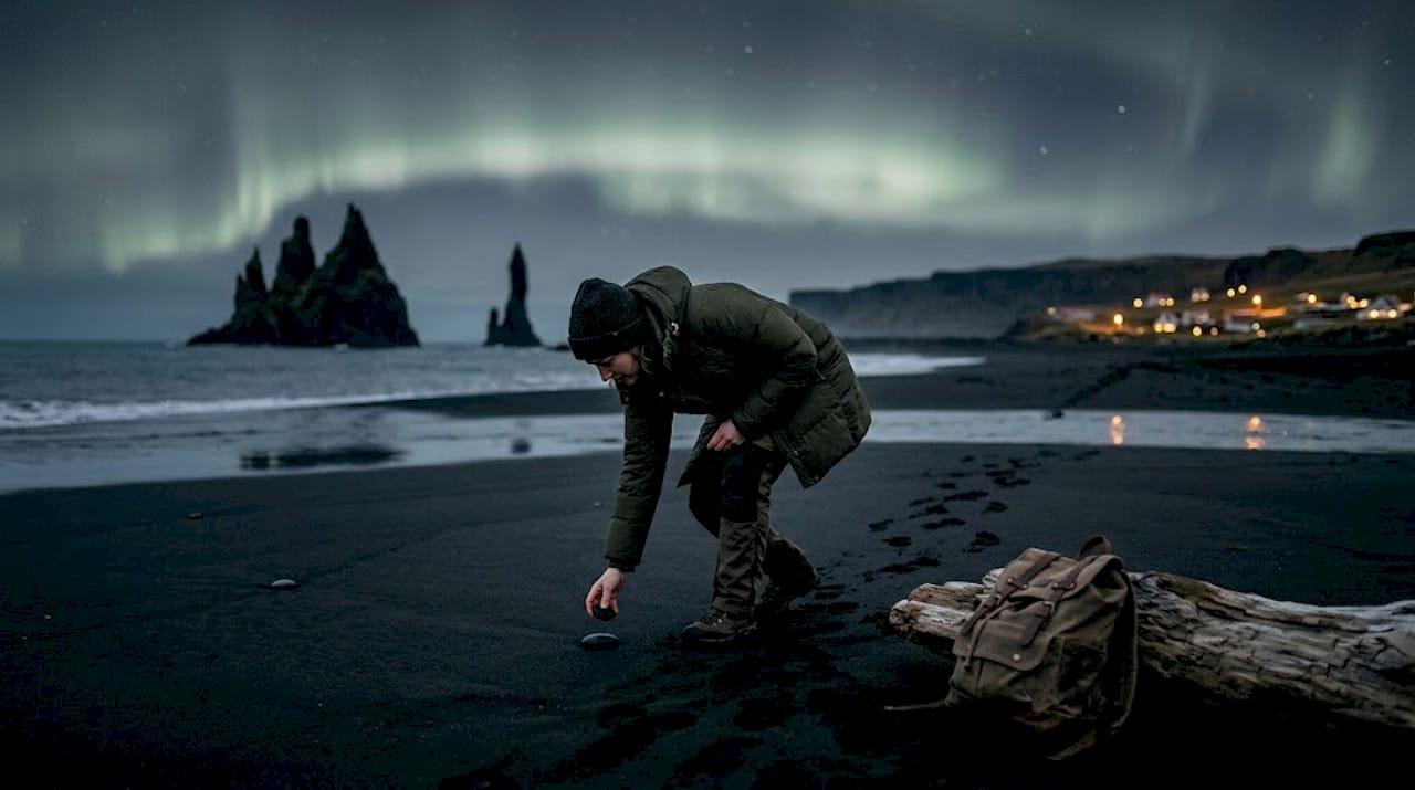 Balade sur une plage de sable noir illuminée par les aurores boréales