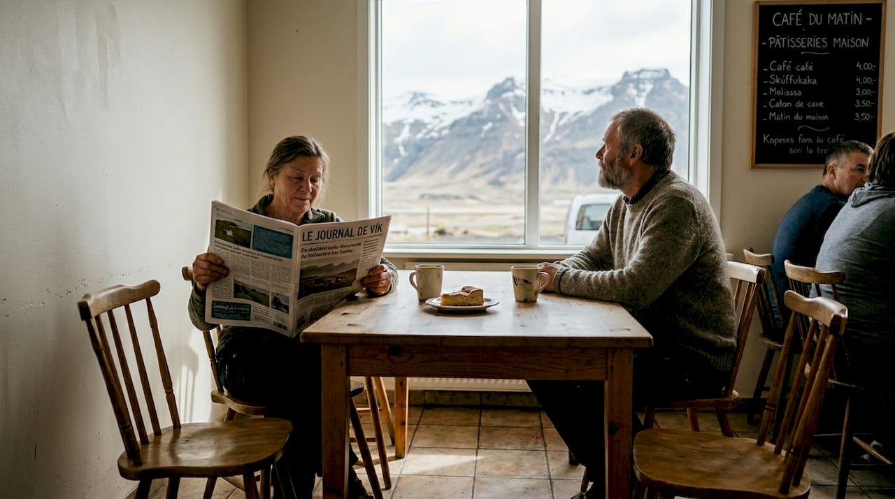 Le matin à Vík, les habitués se retrouvent autour d’un café, échangeant les nouvelles du village dans une ambiance chaleureuse.